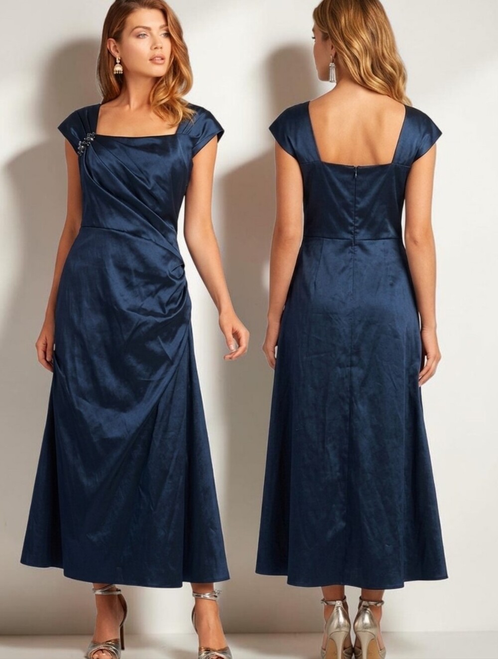 TADASHI SHOJI Navy Blue Taffeta Rhinestone Embellished Evening Gown - Size 14
